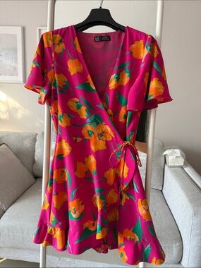 Floral Wrap Dress with hidden shorts - Fuchsia with Orange Floral